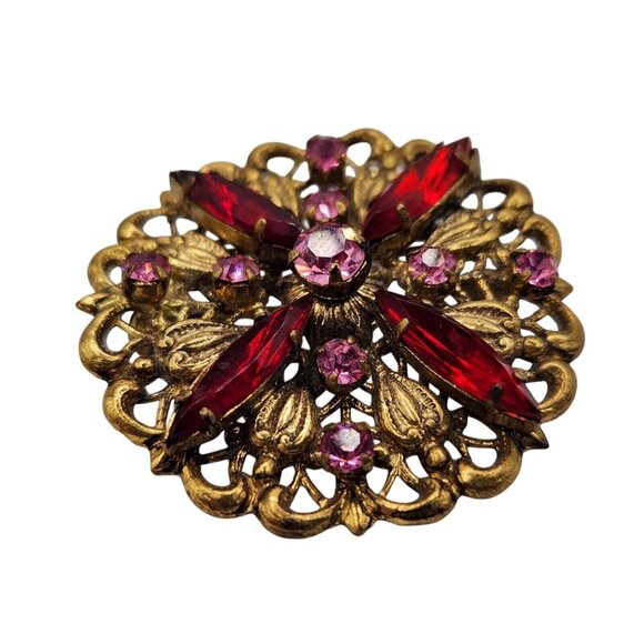 Vintage Austrian Filigree Brooch with Pink & Red Rhinestones, Signed Made in Aus - Picture 7 of 13